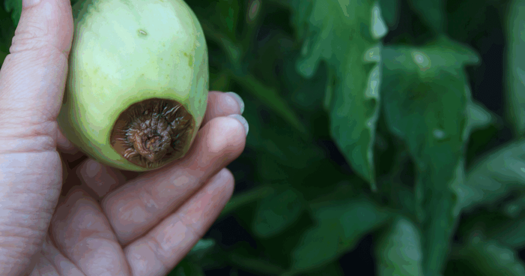 young tomato showing blossom end rot