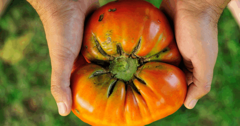 Large heirloom tomato in a gardener's hands