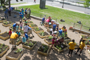 Volunteers and children from the Midway Y day-care program helped set up a large garden at the Y in 2013. 