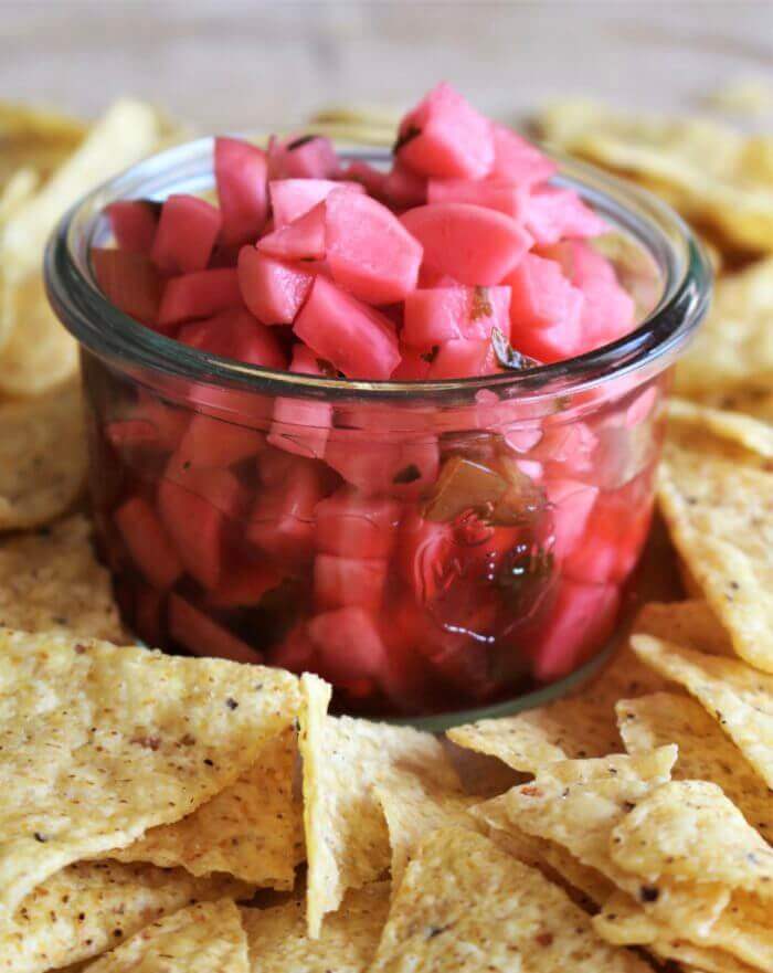 Fermented radish salsa in a jar